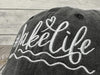Embroidered Lake Life Hat Distressed for Men Women, Washed Black Cotton Adjustable Beach Life Unisex Baseball Cap Dad Hat