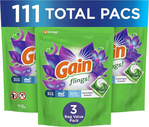 Flings! 3-In-1 Laundry Detergent Soap Pods, Moonlight Breeze Scent, 3 Bag Value Pack, 111 Count, HE Compatible, 37 Count (Pack of 3)