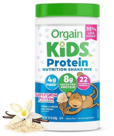 Kids Protein Powder Shake Mix, Vanilla Bean Ice Cream - 8G Grass-Fed Dairy Protein, 4G Fiber, 22 Vitamins & Minerals, Gluten Free, No Soy Ingredients, Adds Healthy Nutrients to Kids Snacks, 1Lb
