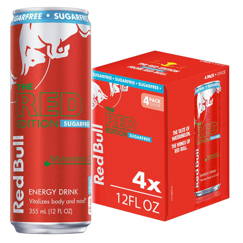 Red Edition Sugar Free Energy Drink, Watermelon, with 114Mg Caffeine plus Taurine & B Vitamins, 12 Fl Oz, Pack of 4 Cans