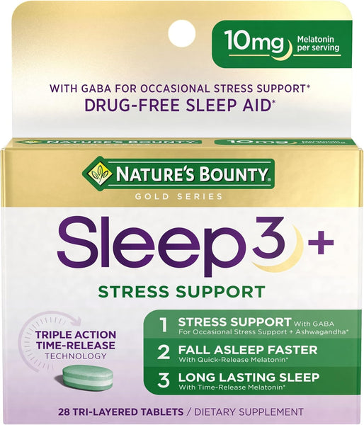Stress Support Melatonin by , Sleep3 Maximum Strength 100% Drug Free Sleep Aid, Dietary Supplement with Ashwagandha, Time Release Technology, 10Mg, 28 Tri-Layered Tablets