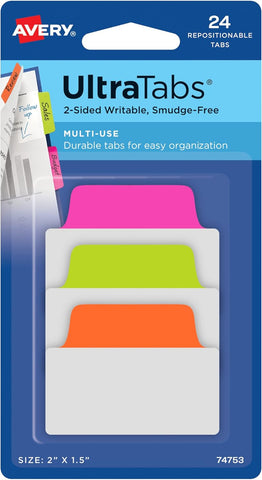 Multiuse Ultra Tabs, 2" X 1.5", 2-Side Writable, Neon Pink/Green/Orange, 24 Repositionable Tabs (74753)