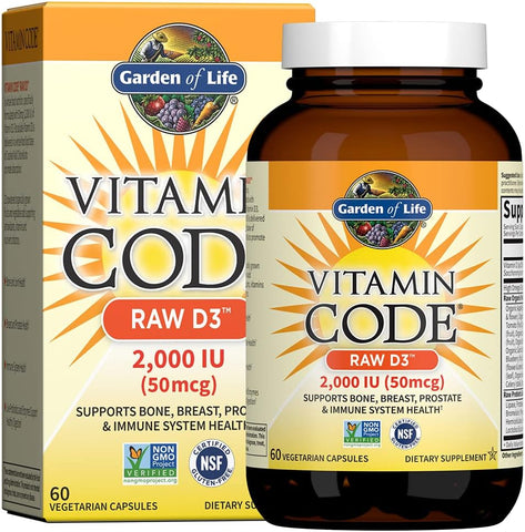 Vitamin D, Vitamin Code Raw D3, Vitamin D 2,000 IU, Raw Whole Food Vitamin D Supplements with Chlorella, Fruit, Veggies & Probiotics for Bone & Immune Health, 60 Vegetarian Capsules