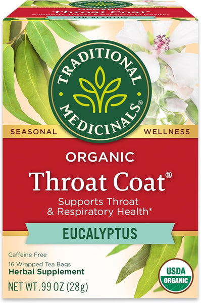 Tea, Organic Throat Coat Eucalyptus, Throat and Respiratory Support, 16 Tea Bags