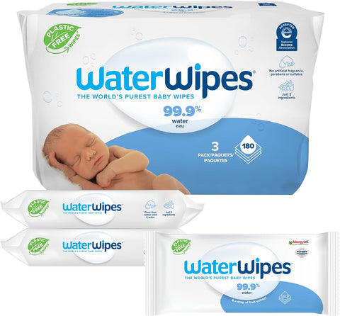 Plastic-Free Original Baby Wipes, 99.9% Water Based Wipes, Unscented & Hypoallergenic for Sensitive Skin, 180 Count (3 Packs), Packaging May Vary