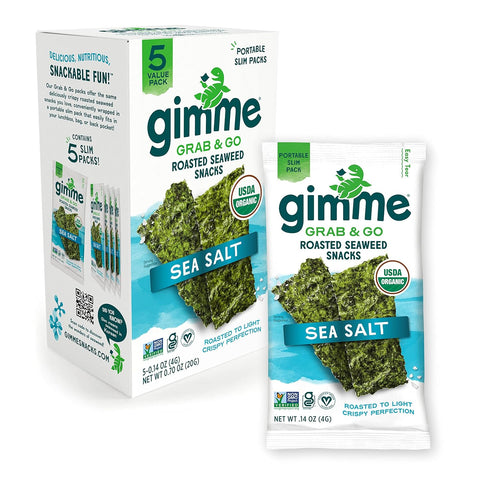 Seaweed Grab & Go Organic Premium Roasted Seaweed Snacks, Sea Salt, 5 Count Trayless, Keto, Vegan, Gluten-Free, Great Source of Omega3S and Iodine, Healthy On-The-Go Snack for Kids and Adults