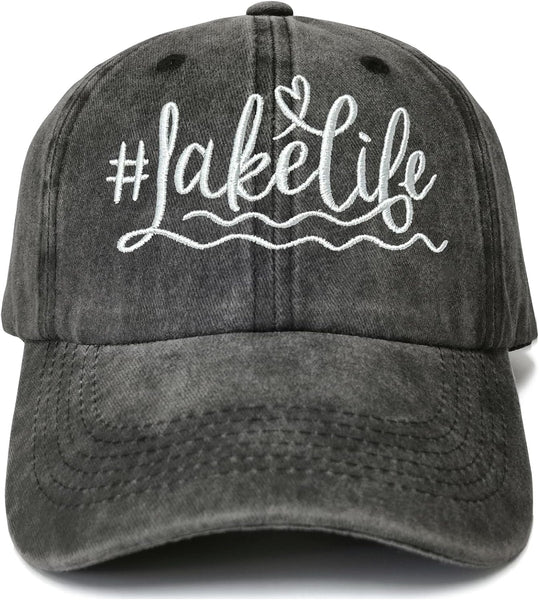 Embroidered Lake Life Hat Distressed for Men Women, Washed Black Cotton Adjustable Beach Life Unisex Baseball Cap Dad Hat
