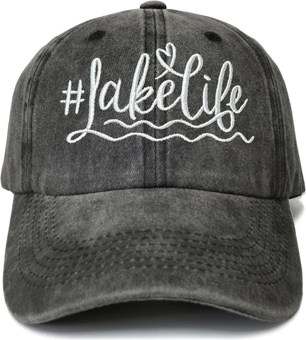Embroidered Lake Life Hat Distressed for Men Women, Washed Black Cotton Adjustable Beach Life Unisex Baseball Cap Dad Hat