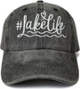 Embroidered Lake Life Hat Distressed for Men Women, Washed Black Cotton Adjustable Beach Life Unisex Baseball Cap Dad Hat