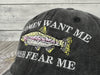 Embroideredwomen Want Me Fish Fear Me Trucker Hat for Men, Washed Black Dad Hat, Outdoor Adjustable Baseball Snapback Hats