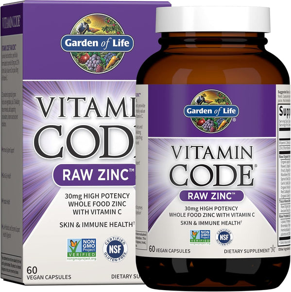 Zinc Supplements 30Mg High Potency Raw Zinc and Vitamin C Multimineral Supplement, Vitamin Code Vitamins Trace Minerals & Probiotics for Skin Health & Immune Support, 60 Vegan Capsules