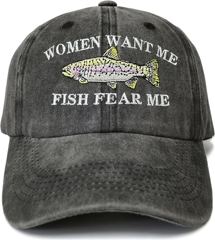 Embroideredwomen Want Me Fish Fear Me Trucker Hat for Men, Washed Black Dad Hat, Outdoor Adjustable Baseball Snapback Hats