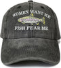 Embroideredwomen Want Me Fish Fear Me Trucker Hat for Men, Washed Black Dad Hat, Outdoor Adjustable Baseball Snapback Hats