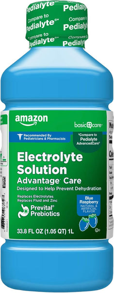 Electrolyte Solution Advantage Care with Prevital Prebiotics, Blue Raspberry, Designed to Help Prevent Dehydration, Replaces Electrolytes, Fluid and Zinc, 33.8 Fl Oz (Pack of 1)