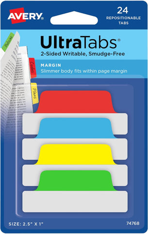 Margin Ultra Tabs, 2.5" X 1", 2-Side Writable, Assorted Colors, 24 Repositionable Page Tabs (74768)