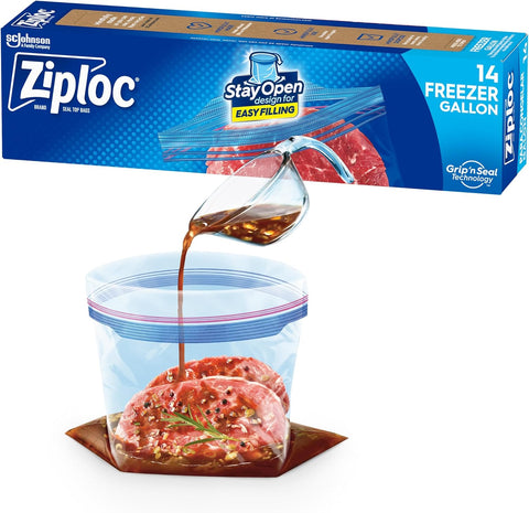 Gallon Food Storage Freezer Bags, New Stay Open Design with Stand-Up Bottom, Easy to Fill, 14 Count