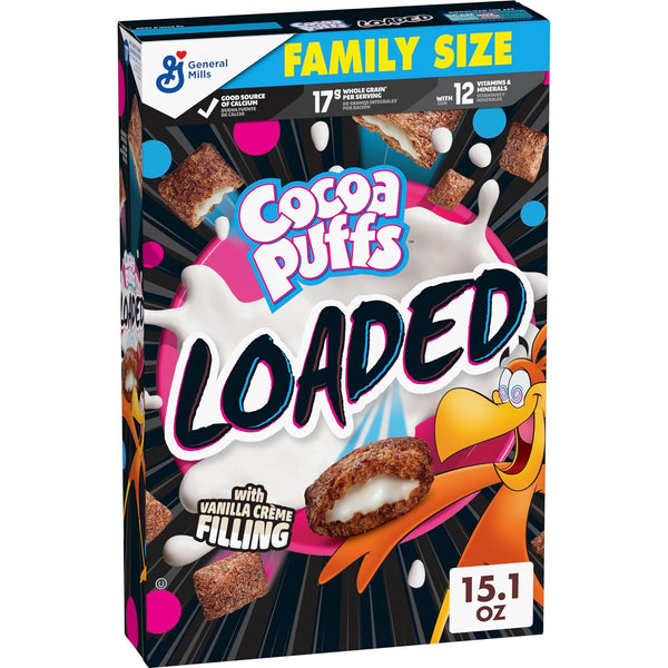 Loaded Cereal, Chocolatey Cereal with Artificially Flavored Vanilla Crème Filling, Made with Whole Grain, Family Size, 15.1 Oz