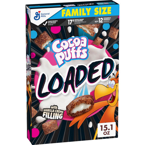 Loaded Cereal, Chocolatey Cereal with Artificially Flavored Vanilla Crème Filling, Made with Whole Grain, Family Size, 15.1 Oz