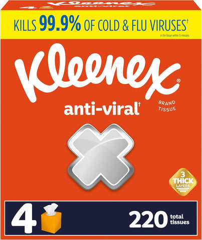 Anti-Viral Facial Tissues, Classroom or Office Tissue, 4 Cube Boxes, 55 Tissues per Box, 3-Ply (220 Total Tissues)