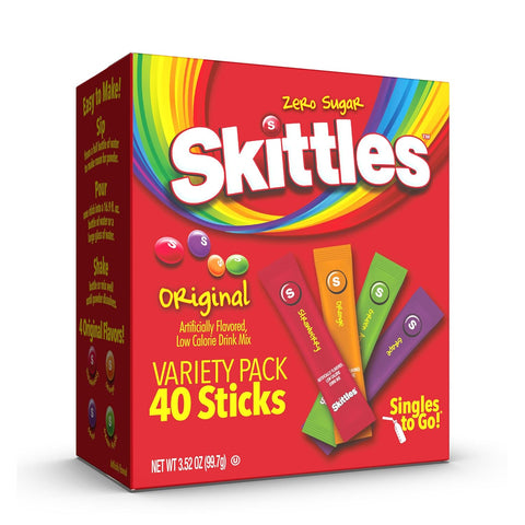 Skittles Singles to Go Variety Pack, Watertok Powdered Drink Mix, Zero Sugar, Low Calorie, Includes 4 Flavors: Green Apple, Strawberry, Grape, Orange, 1 Box (40 Single Servings)
