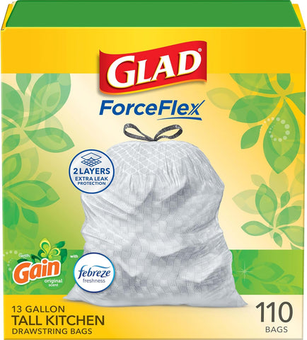 Tall Kitchen Trash Bags 13 Gallon, Gain Original Garbage Bags, Odorshield with Drawstring, 110 Count