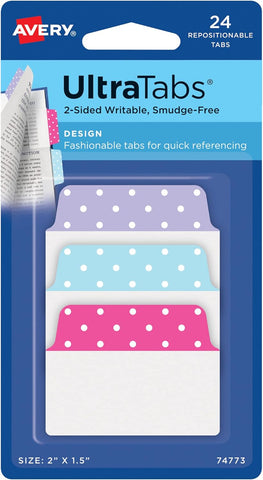 Multiuse Ultra Tabs, 2" X 1.5", 2-Side Writable, Assorted Pastel Dots, 24 Repositionable Tabs (74773)