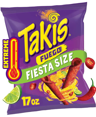 Fuego 17 Oz Fiesta Size Bag, Hot Chili Pepper & Lime Flavored Extreme Spicy Rolled Tortilla Chips