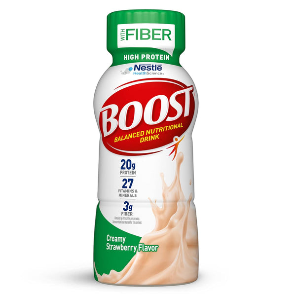 High Protein with Fiber Ready to Drink Complete Nutritional Drink, Creamy Strawberry, 8 Fl Oz Bottle, 24 Pack