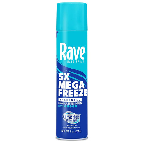 Unscented Aerosol Hairspray by Rave - 5X Freeze Hair Spray for Heat Protection, Volume and Shine - Climashield for Extra Humidity and Long Lasting Firm Hold - Minimizes Frizz and Static