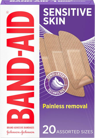 Brand Adhesive Bandages for Sensitive Skin, Hypoallergenic First Aid Bandages with Painless Removal, Stays on When Wet & Suitable for Eczema Prone Skin, Sterile, Assorted, 20 Ct