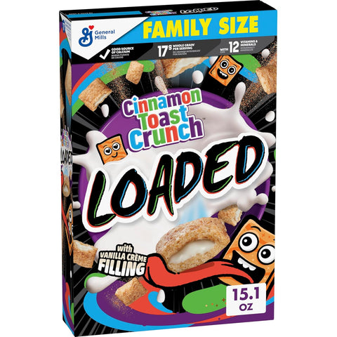 Loaded Cereal, Cinnamon Sugar Cereal with Artificially Flavored Vanilla Crème Filling, Family Size, 15.1 Oz