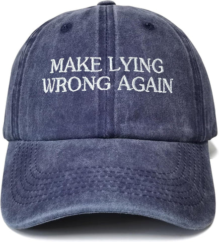Embroidered Make Lying Wrong Again Hats for Women Men, Navy Blue Adjustable Baseball Cap Snap Back Cotton Embroidery Dad Hat